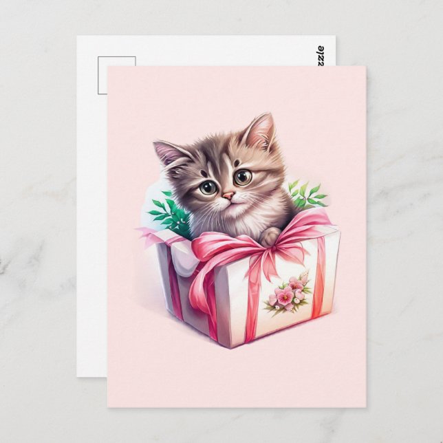 Cartão Postal Presente de Aniversário de Gatinho Fofo em uma Cai (Frente/Verso)