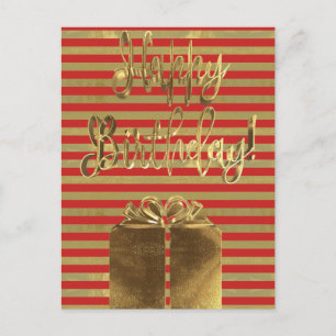 Cartão Postal Presente de Aniversário Tipografia Vermelho Dourad