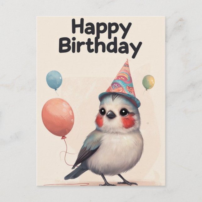 Cartão Postal Presente Divertido de Aniversário com Pássaro Fofo (Frente)