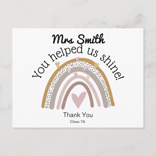 Cartão Postal Presente do arco-íris para agradecer ao professor (Frente)