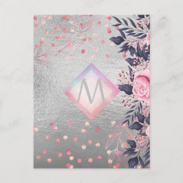 Cartão Postal Presente no Marinho de prata do Monograma Rosegold