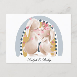 Cartão Postal Presente Personalizado de Couple Bunny Rainbow par