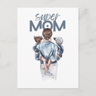 Cartão Postal Presente Personalizado Super Mãe com Filho e Filha
