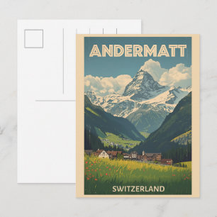 Cartão Postal Presentes ANDERMATT ski Suíça Alpes Suíços vintage