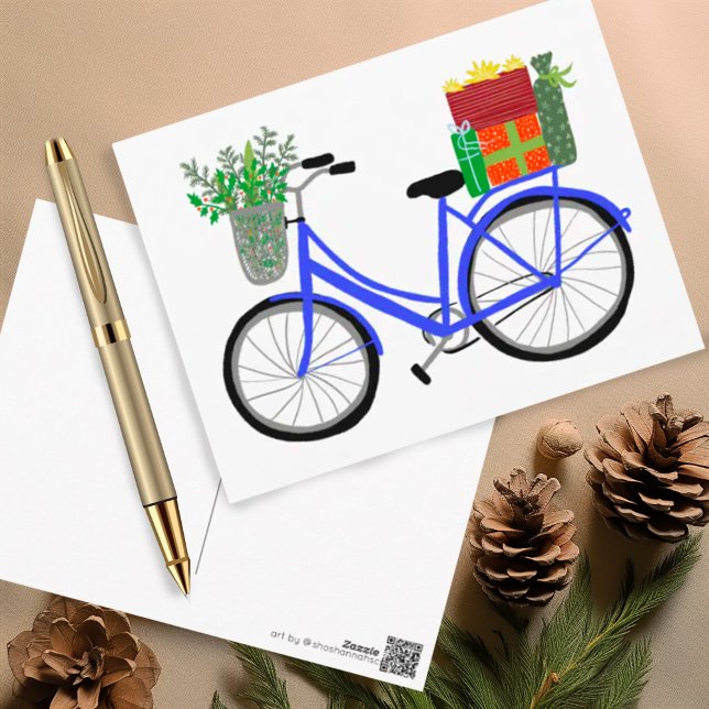 Cartão Postal Presentes de Natal Adoráveis (Cheerful holiday bicycle postcard with gifts and cheer! Customize with your own text)