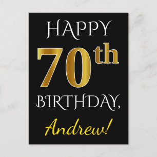 Cartão Postal Preto, Dourado Falso Aniversário de 70 anos + Nome