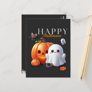 Cartão Postal Preto e Laranja Fofo Feliz Halloween