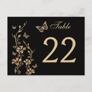 Cartão Postal Preto, Número da Mesa Floral Dourado com Borboleta