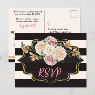 Cartão Postal Preto Ousado, Listras de Marfim, Florais RSVP