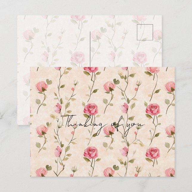 Cartão Postal Pretty Pink Cream Roses Floral Thinking of you (Frente/Verso)