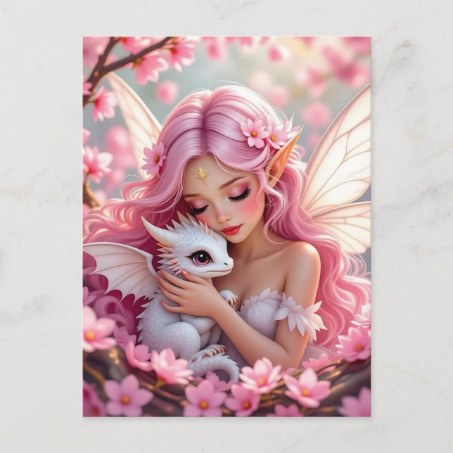 Cartão Postal Pretty Pink Elven Fairy & Dragon  (Frente)
