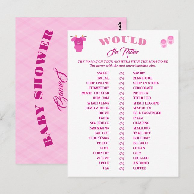 Cartão Postal Previsão e conselhos para jogos de Chá de fraldas. (Frente/Verso)