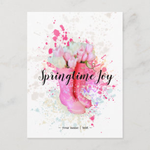 Cartão Postal Primavera Color Splash Watercolor Boots & Tulips R