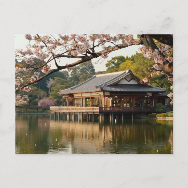 Cartão Postal Primavera japonês com lagoa e flor de cereja (Frente)