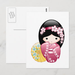 Cartão Postal Primavera Kokeshi Doll - Garota Geisha Japonesa