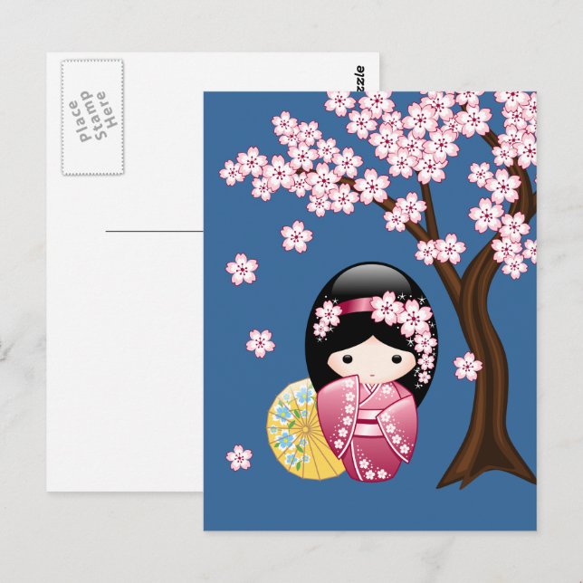 Cartão Postal Primavera Kokeshi Doll - Geisha Japonês sente a su (Frente/Verso)