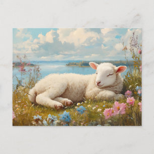 Cartão Postal Primavera Lamb Dormindo no Prado de Flor Selvagem