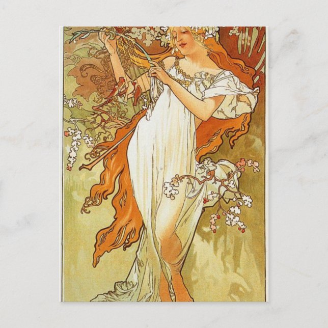 Cartão Postal Primavera por Alphonse Mucha (Frente)