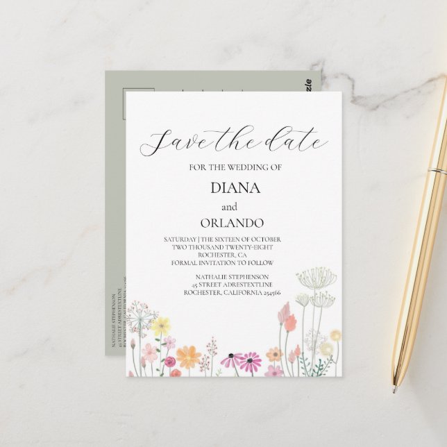 Cartão Postal Primavera selvagem colorido, salvar a data (Frente/Verso In Situ)