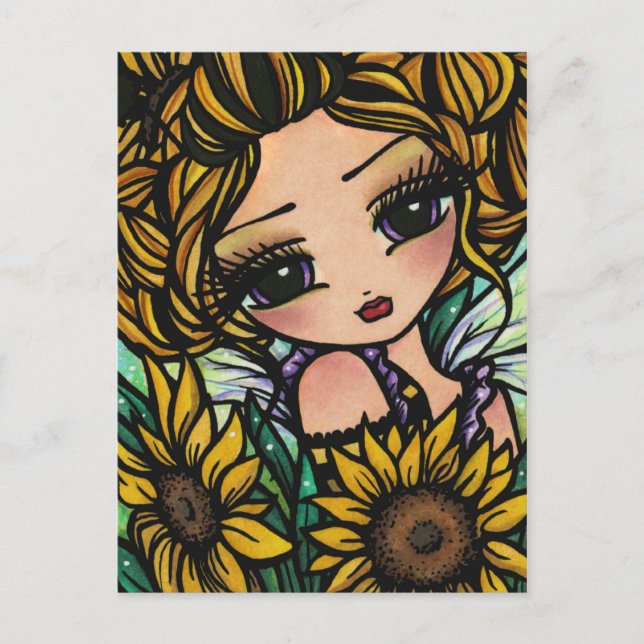 Cartão Postal Primavera Sunflower Bumblebee Fairy Fantasy Art Gi (Frente)