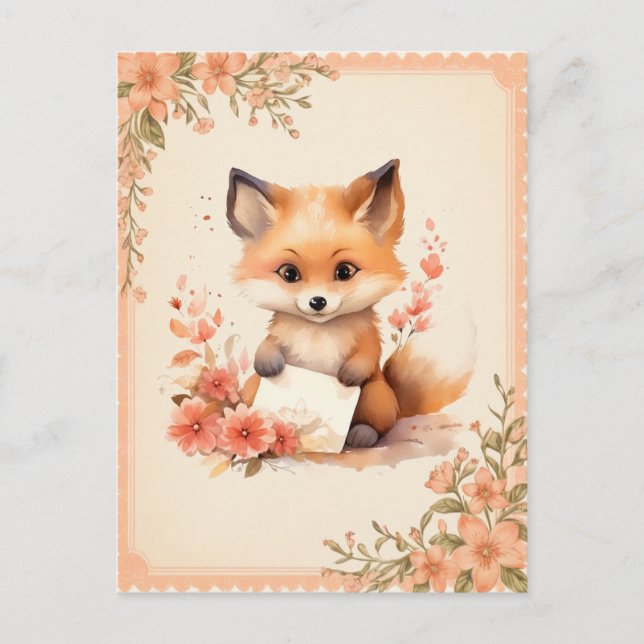 Cartão Postal Primavera Watercolor Fox com letra - (Frente)