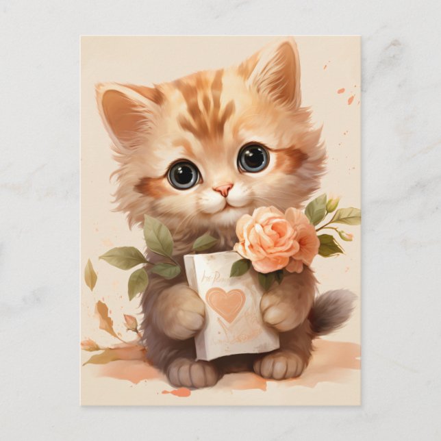 Cartão Postal Primavera Watercolor Kitten com letra - (Frente)
