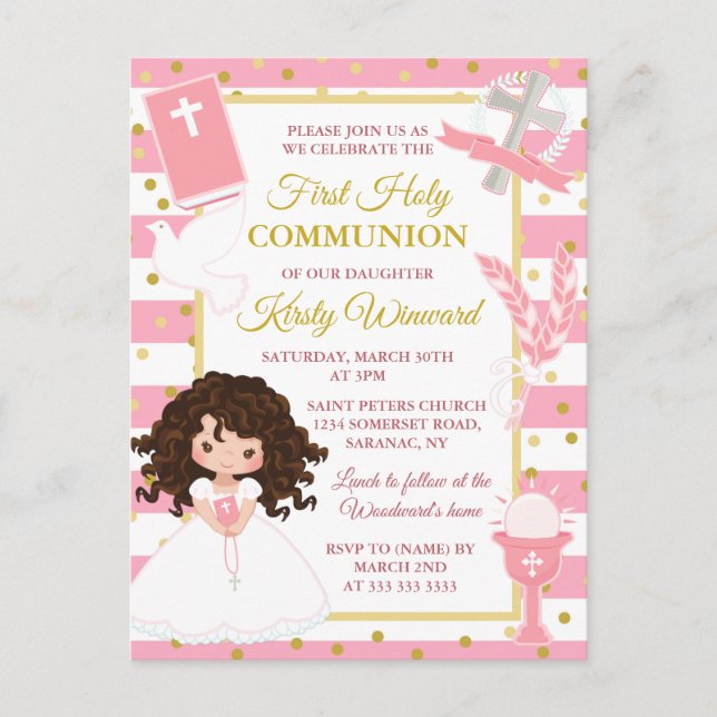 Cartão Postal Primeira Comunhão de Garota de Cabelo em Greve Ros (Frente)