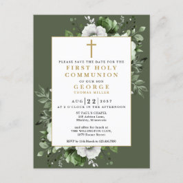 Cartão Postal Primeira Comunhão Floral Verde Save The Date
