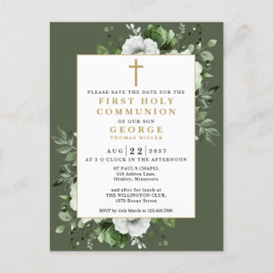 Cartão Postal Primeira Comunhão Floral Verde Save The Date