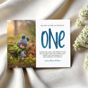 Cartão Postal Primeiro aniversario brilhante azul Faux Obrigado 