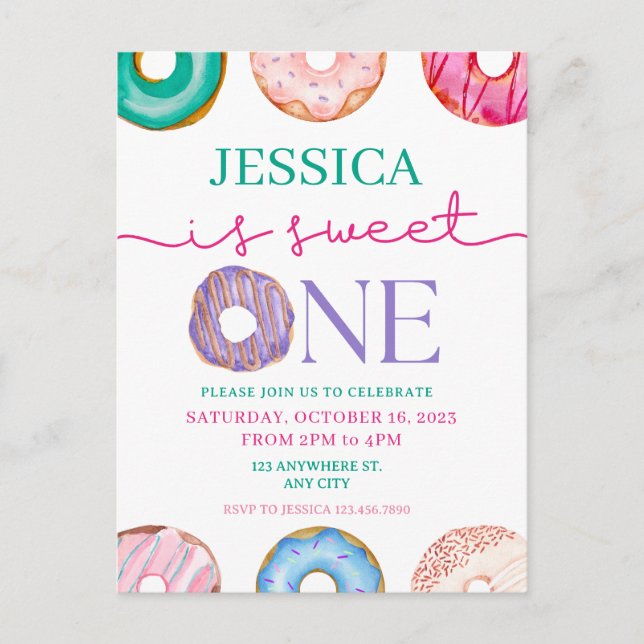 Cartão Postal Primeiro aniversario de rosquinhas de cor d'água d (Frente)