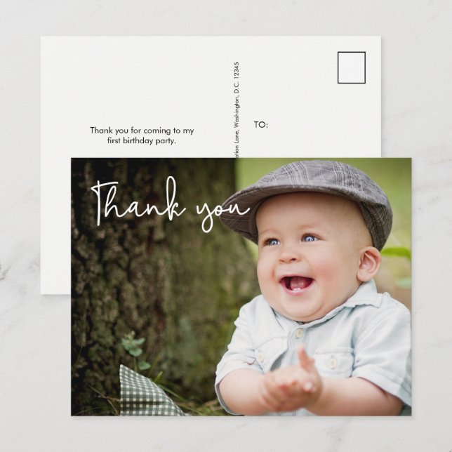 Cartão Postal Primeiro aniversário do Baby Boy Obrigado Foto (Frente/Verso)