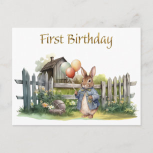 Cartão Postal Primeiro Aniversário do Coelho Inteligente