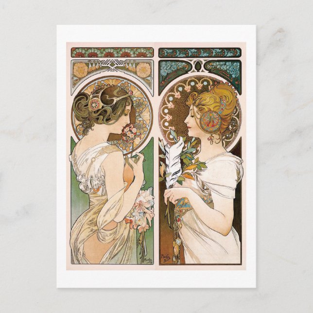 Cartão Postal Primroses e Penas, Mucha (Frente)