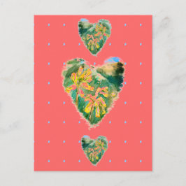 Cartão Postal Primula Veris Amarelo Rosa Quente e Corações Verde