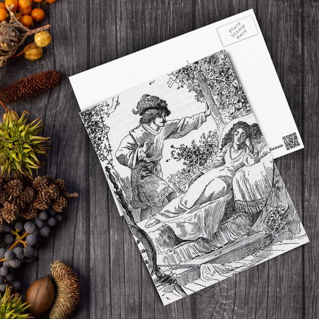 Cartão Postal Princesa Alseep na Cama do Príncipe Florestal (Fairy tale scene sleeping princess with prince on black and white postcard.)