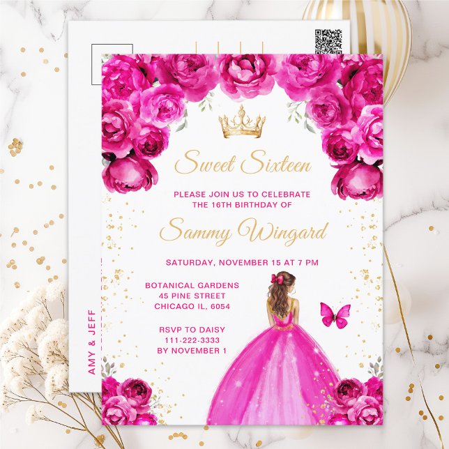 Cartão Postal Princesa de Cabelo Castanho Rosa Quente Sweet Sixt (Criador carregado)