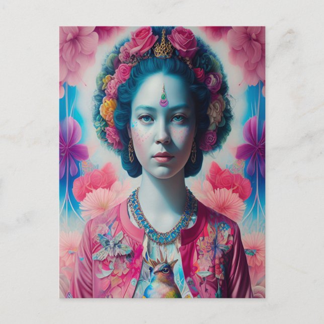 Cartão Postal Princesa de flores azuis com jaqueta rosa (Frente)
