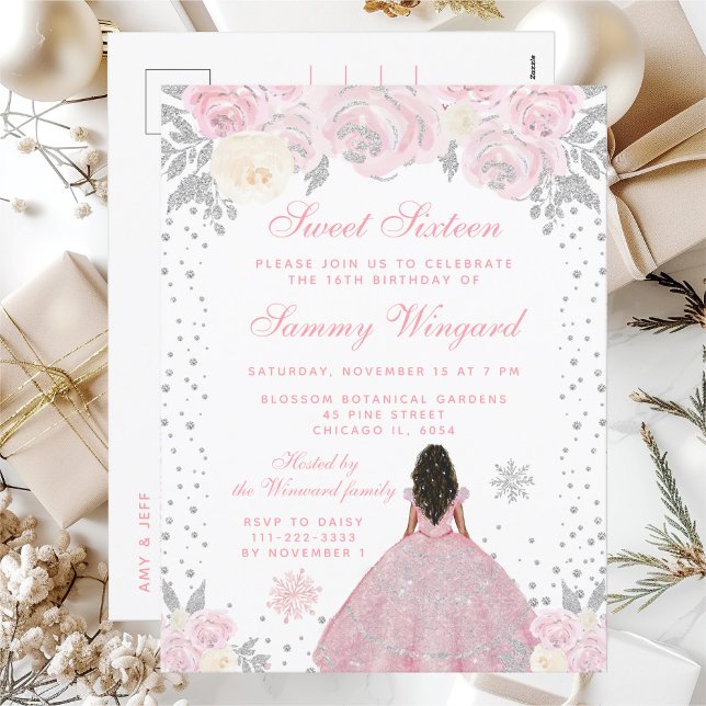 Cartão Postal Princesa de Pele Escura no Inverno Rosa Doce Dezes (Criador carregado)