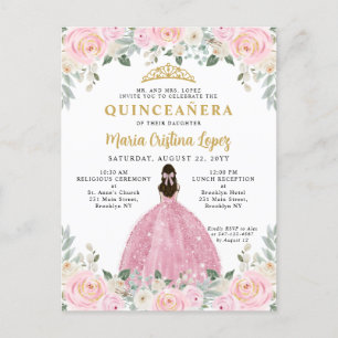 Cartão Postal Princesa Floral Dourada Rosa Blush Quinceañera