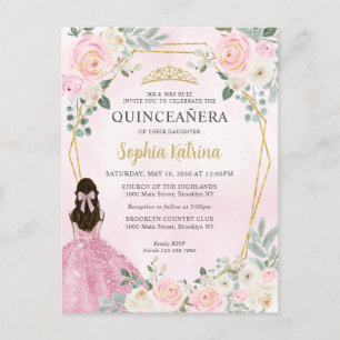 Cartão Postal Princesa Floral Dourada Rosa Blush Tiara Quinceañe