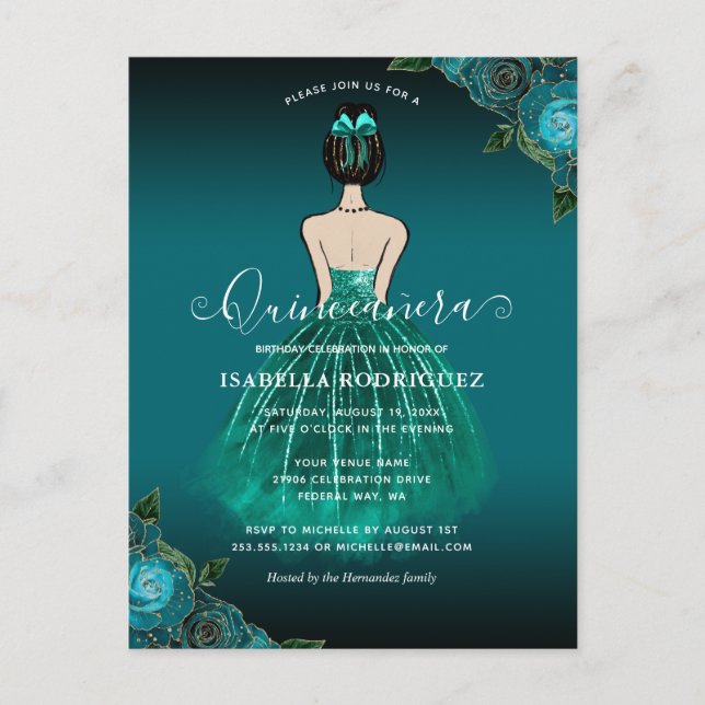 Cartão Postal Princesa Teal Floral Ouro Aniversário Quinceañera (Frente)
