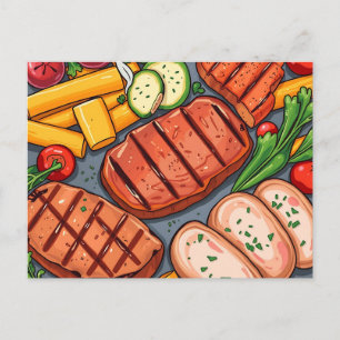 Cartão Postal Produtos hortícolas grelhados coloridos e carnes d