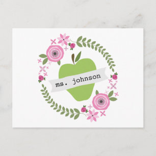 Cartão Postal Professor Personalizado da Apple Verde Floral Wrea