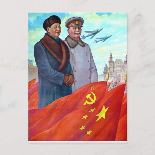 Cartão Postal Propaganda original Mao tse tung e Joseph Stalin (Frente)