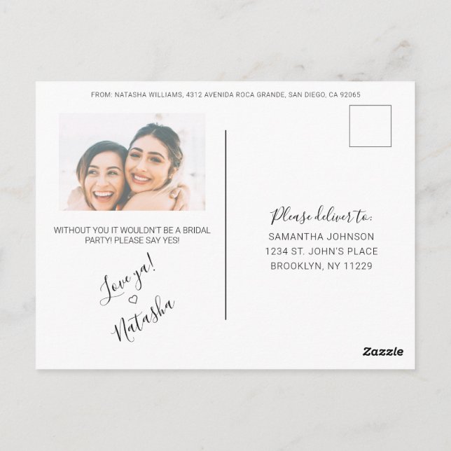 Cartão Postal Proposta de Bridesmaid da Fotografia da Caligrafia (Verso)