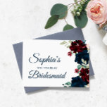 Cartão Postal Proposta de Bridesmaid Rustic Burgundy & Marinho<br><div class="desc">*** Insira o H078 na pesquisa da loja para encontrar todos os itens correspondentes *** Ou visite nossa Coleção de Chás de panela Russos Burgundy & Marinho Blue Flowers. *** Este design de alta qualidade é fácil de personalizar para combinar as cores do casamento, estilos e temas. Para mais personalização,...</div>