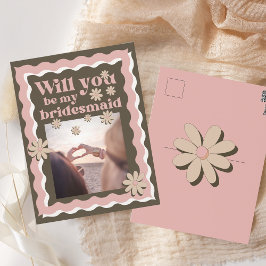 Cartão Postal Proposta de Wavey Bridesmaid de Foto Castanho Retr