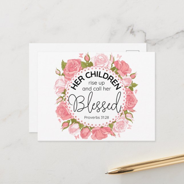 Cartão Postal Proverbs 31:28 Flores Rosa com Escritura de Dia de (Frente/Verso In Situ)
