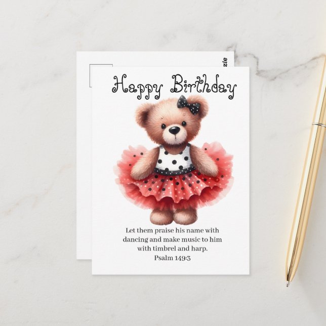 Cartão Postal Psalm 149:3 Teddy Ballerina Birthday Greeting  (Frente/Verso In Situ)